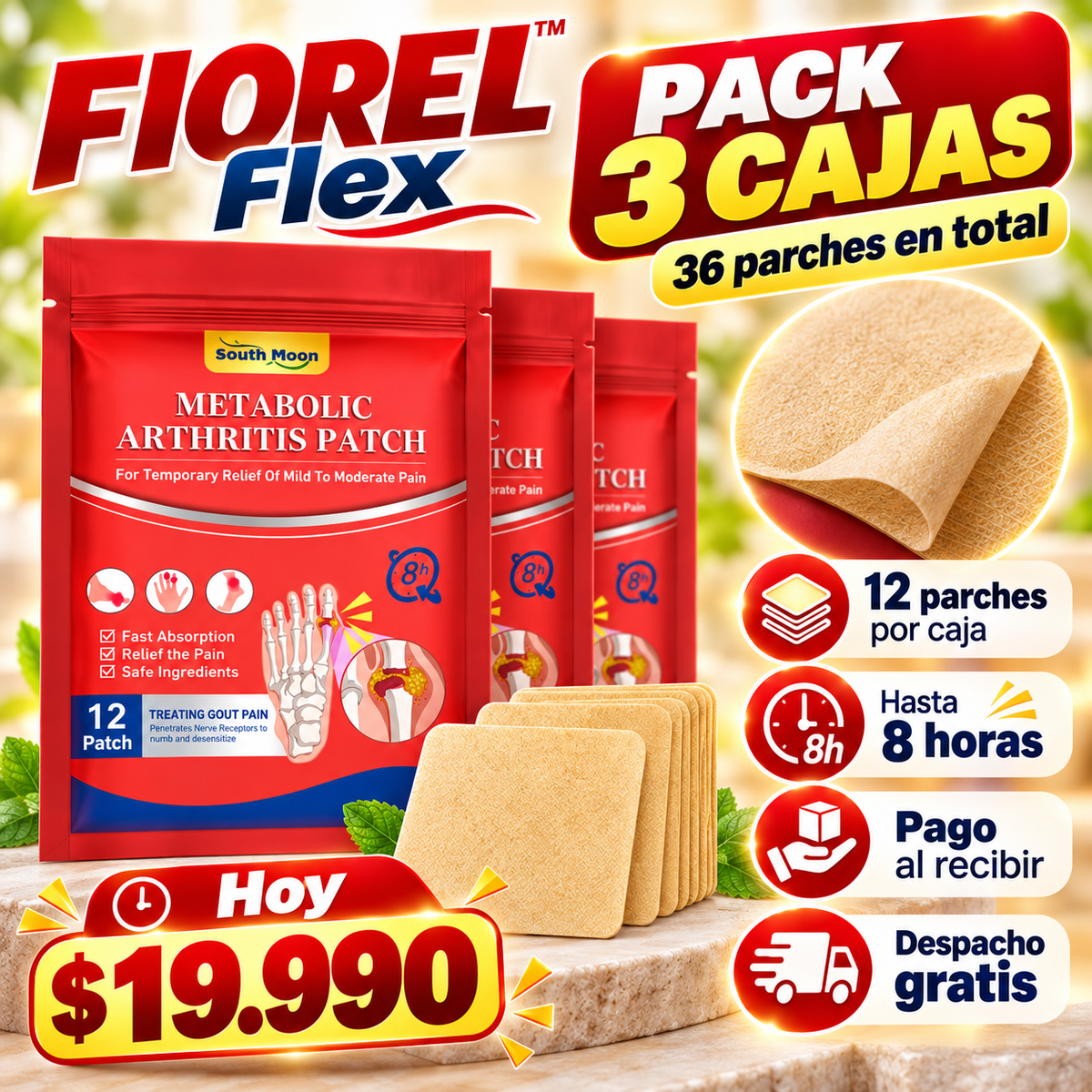 FIOREL Flex · 36 Parches para Molestias Articulares · Pack 3 Cajas