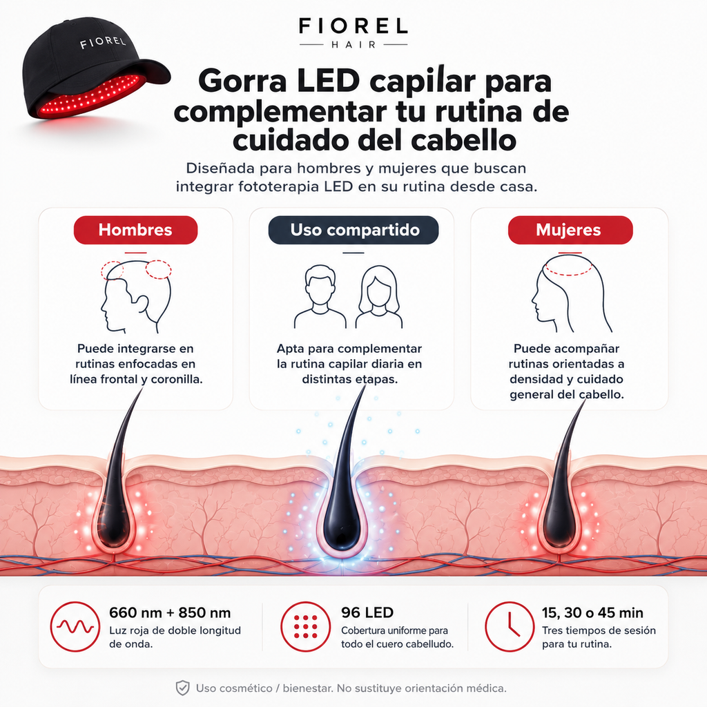 Infografía FIOREL Hair con 660 nm, 850 nm, 96 LED y sesiones ajustables