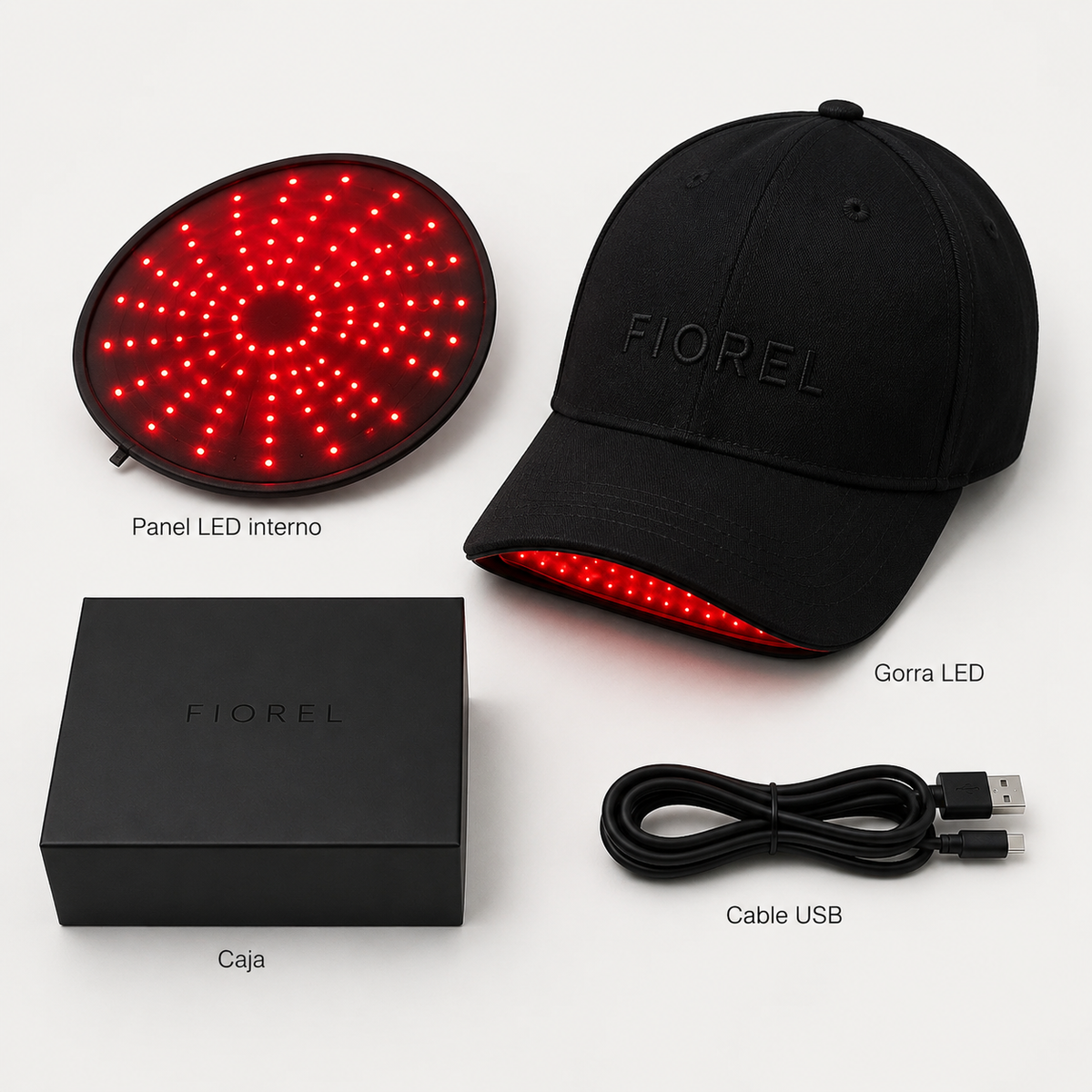 Contenido de FIOREL Hair con gorra LED, panel interno, cable USB y caja