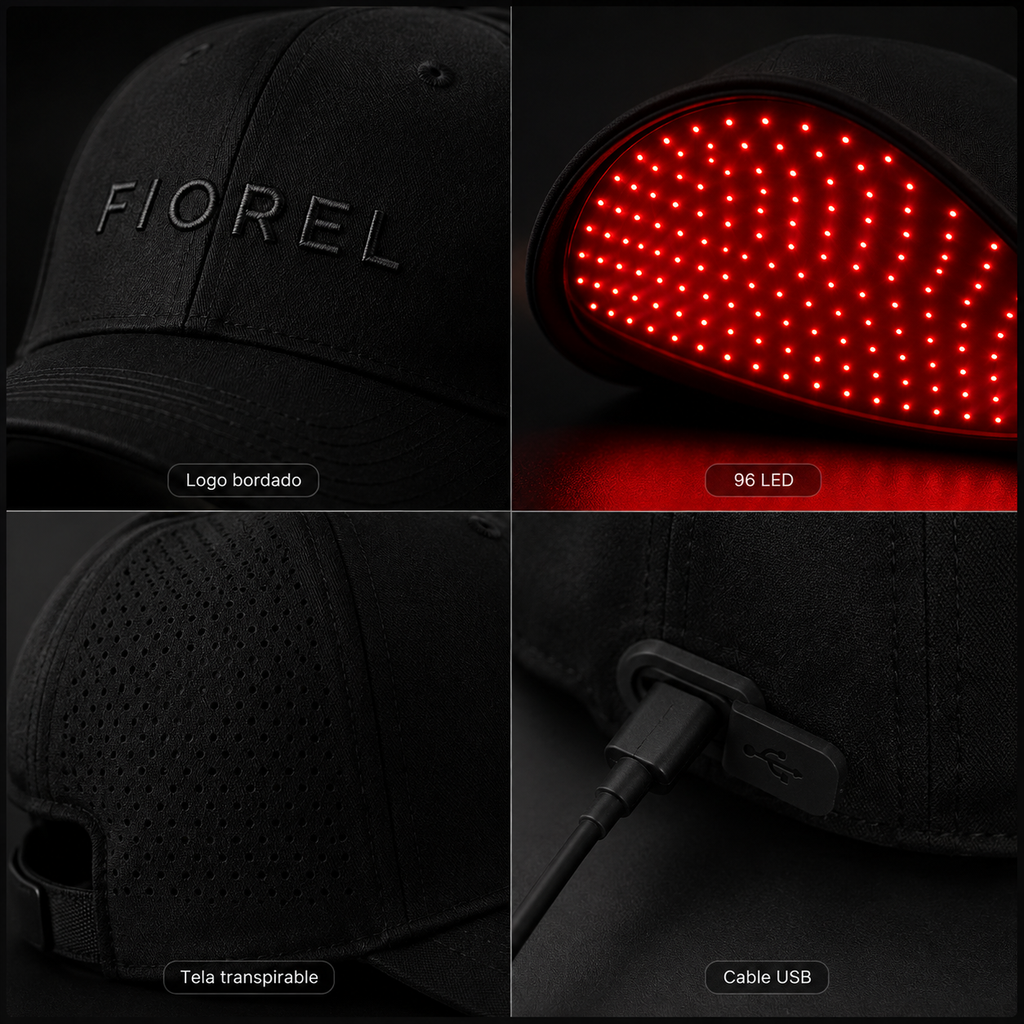 Detalles de FIOREL Hair con logo bordado, 96 LED, tela transpirable y conexión USB