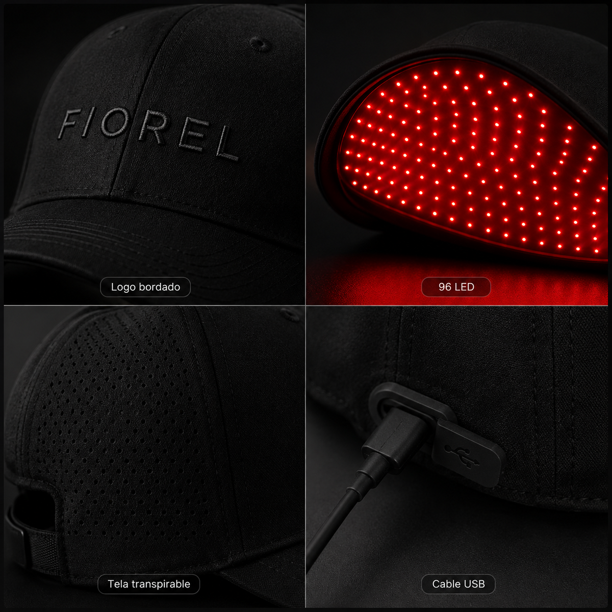 Detalles de FIOREL Hair con logo bordado, 96 LED, tela transpirable y conexión USB